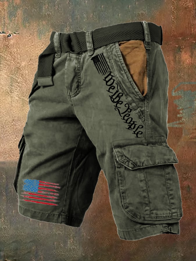 Men's Vintage Flag Independence Day Multi-Pocket Print Cargo Shorts (Belt Not Included)