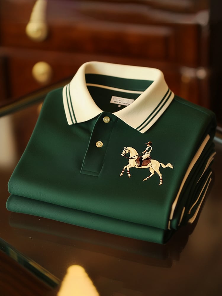 Men's Classic Business Check Logo Button Short Sleeve Polo Shirt