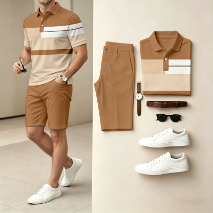 Men's Casual Geometric Color Polo Shirt & Shorts Two-Piece Set