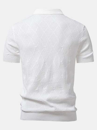 Rhombus Textured Zip Up Knitted Polo Shirt