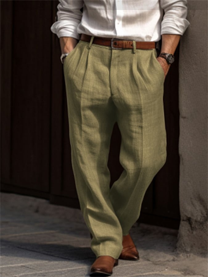 Men's Casual Solid Color Cotton And Linen Resort Straight Trousers