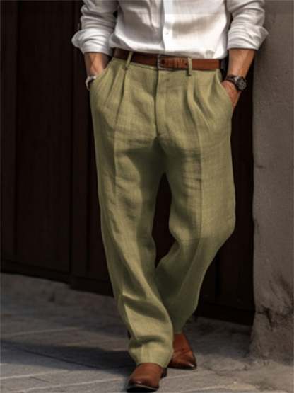 Men's Casual Solid Color Cotton And Linen Resort Straight Trousers
