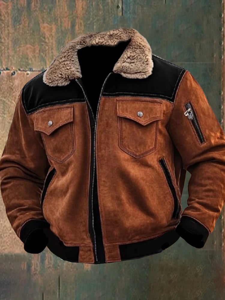 Men's Vintage Suede Contrast Multi-Pocket Plush Lapel Collar Bomber Jacket