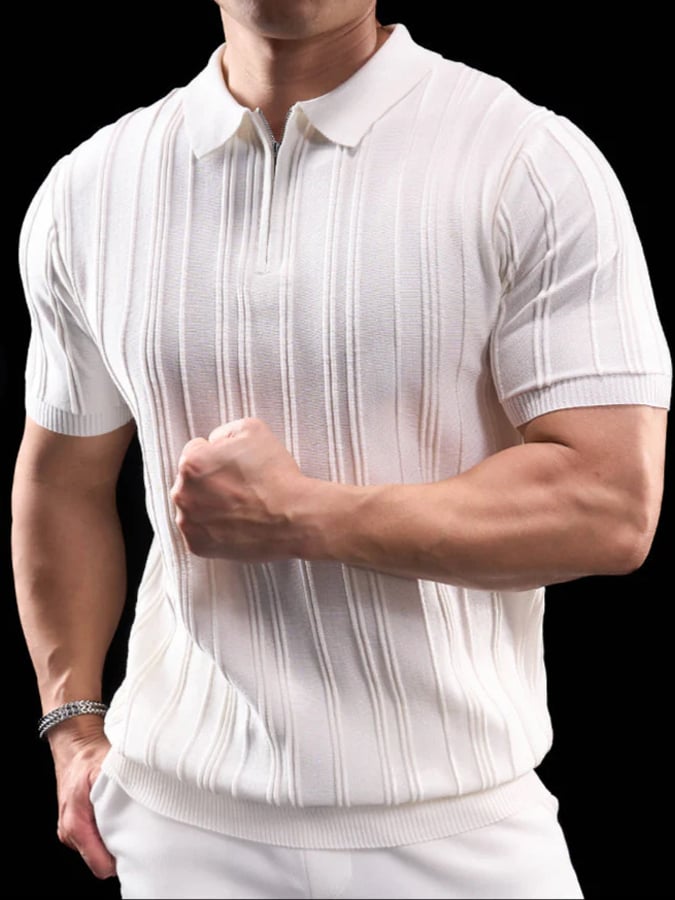 Men's Solid Color Knitted Jacquard Zipper Polo T-Shirt