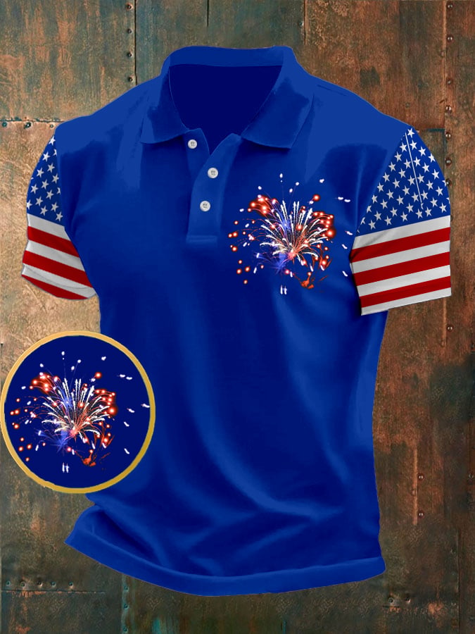 Men's American Flag Independence Day Fireworks Print Casual POLO Shirt