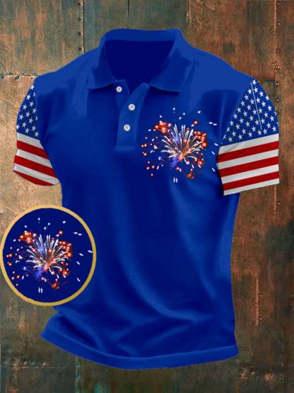 Men's American Flag Independence Day Fireworks Print Casual POLO Shirt
