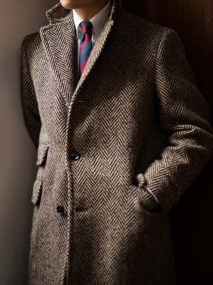 Men's Stylish Herringbone Double-Breasted Pocket Design Casual Woolen Coat