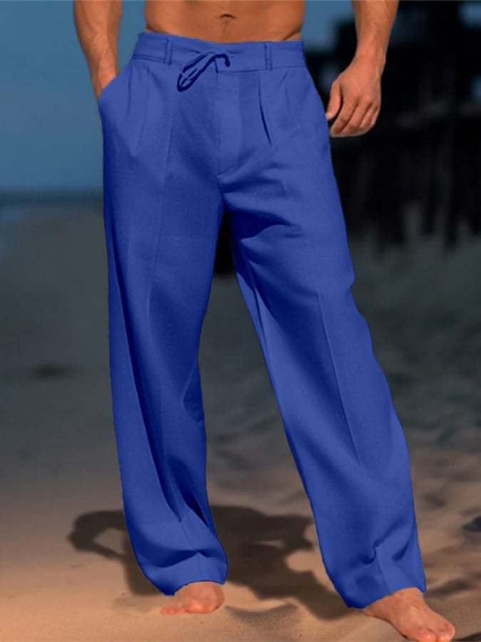 Men's Casual Solid Color Cotton And Linen Comfortable Vacation Trousers