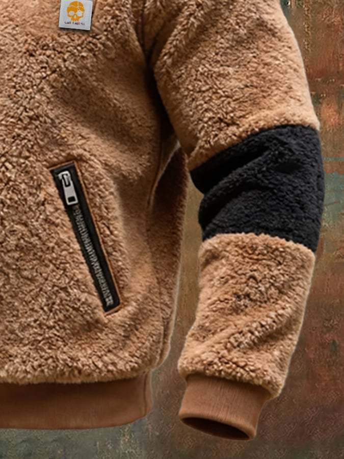 Men's Retro Knitted Square Check Leather Splicing Zipper Fur Collar Sweatshirt