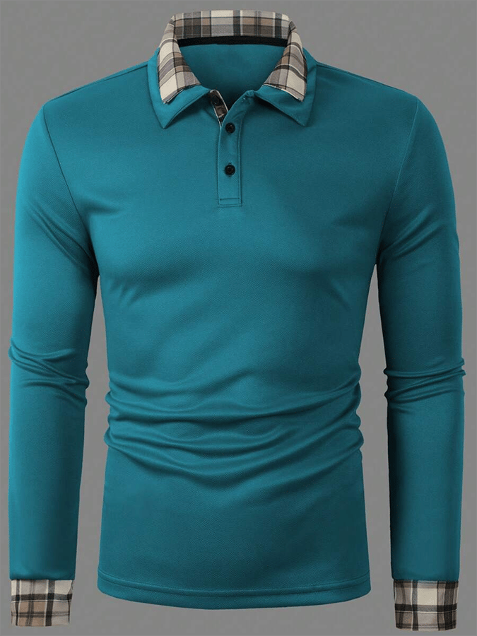 Men's Plaid Business Casual Long Sleeve Polo Shirt