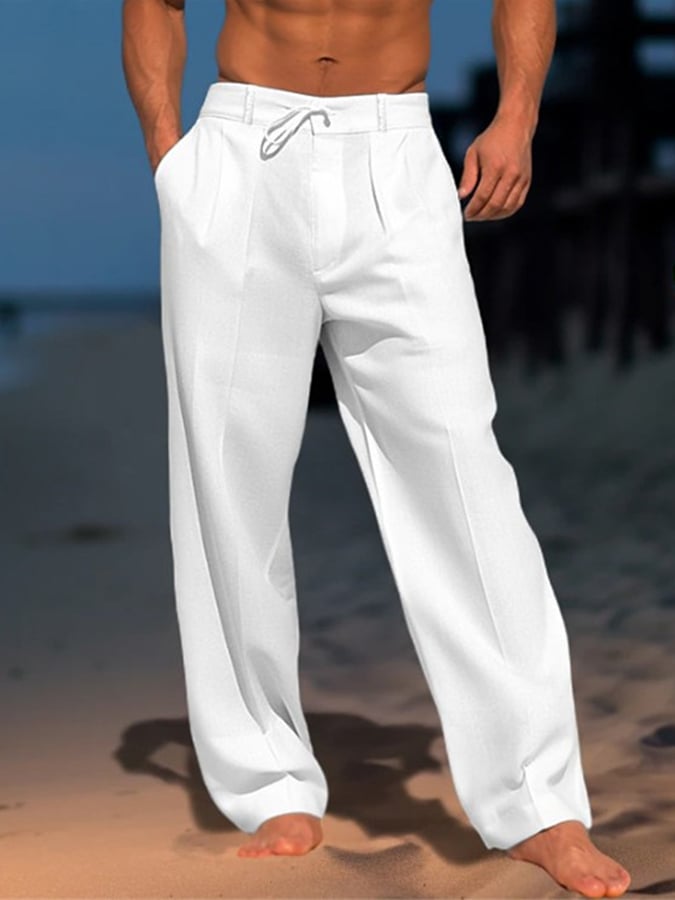 Men's Casual Solid Color Cotton And Linen Comfortable Vacation Trousers