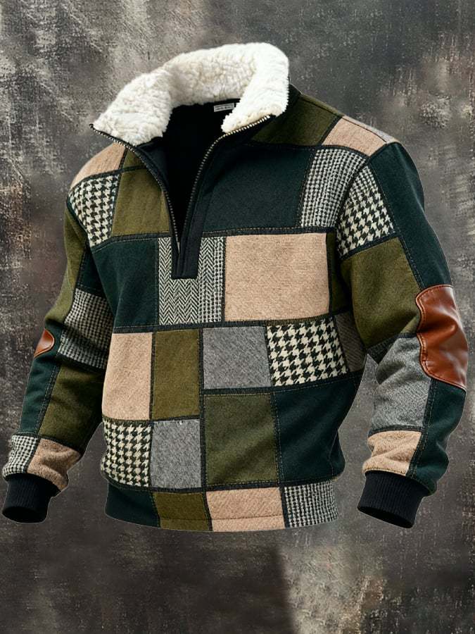 Men's Retro Color Block Print Casual Fur Collar Sweatshirt