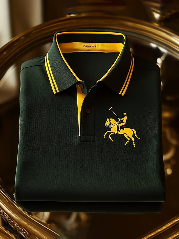 Men's Classic Business Check Logo Button Short Sleeve Polo Shirt