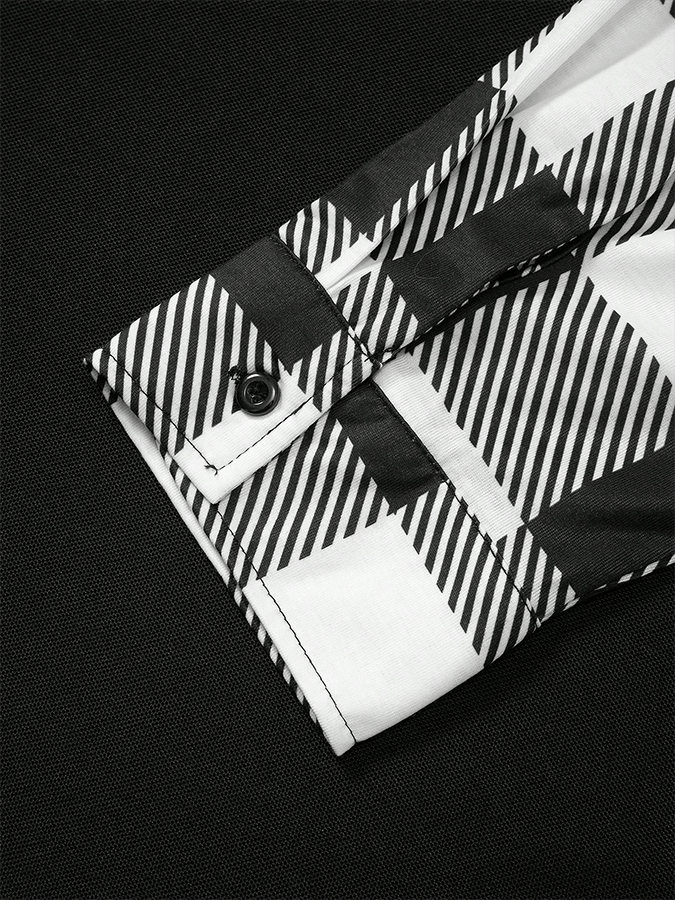 Men's Business Plaid Contrast Patchwork Zipper Lapel Long-Sleeved T-Shirt