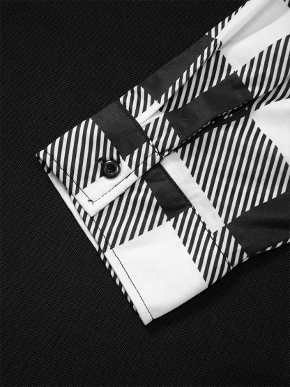 Men's Business Plaid Contrast Patchwork Zipper Lapel Long-Sleeved T-Shirt