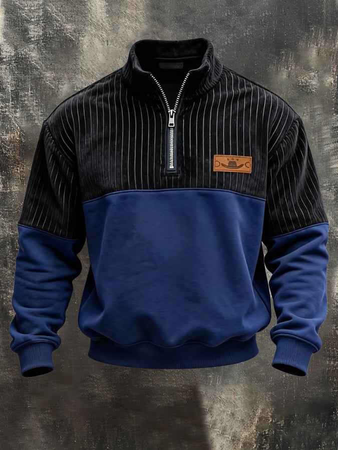 Men'S Vintage Style Color-Block Long-Sleeved Sweatshirt