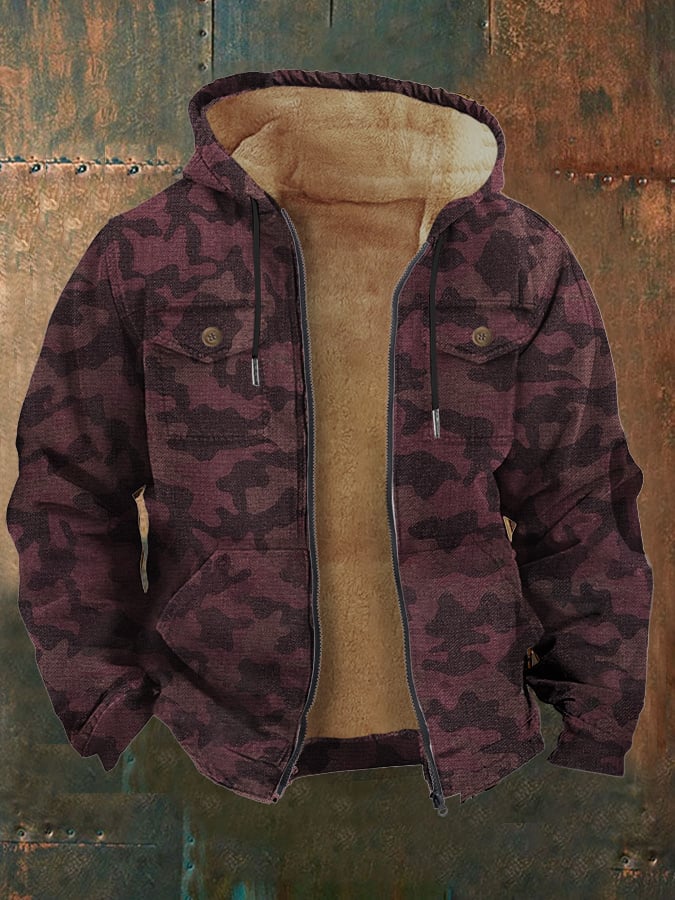 Men's Vintage Plant Camouflage Outdoor Fleece Pocket Jacket