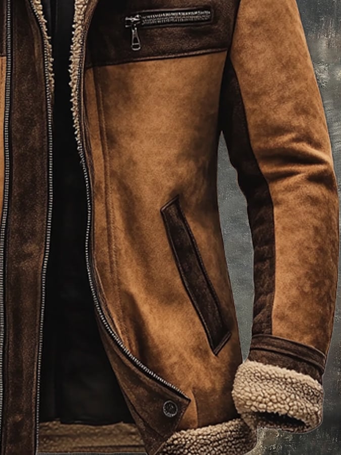 Men's Vintage Suede Patchwork Lamb Fleece Multi-Pocket Reverse Collar Outdoor Jacket Coat