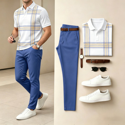 Men's Casual White Printed Polo Shirt And Pants Two-Piece Set