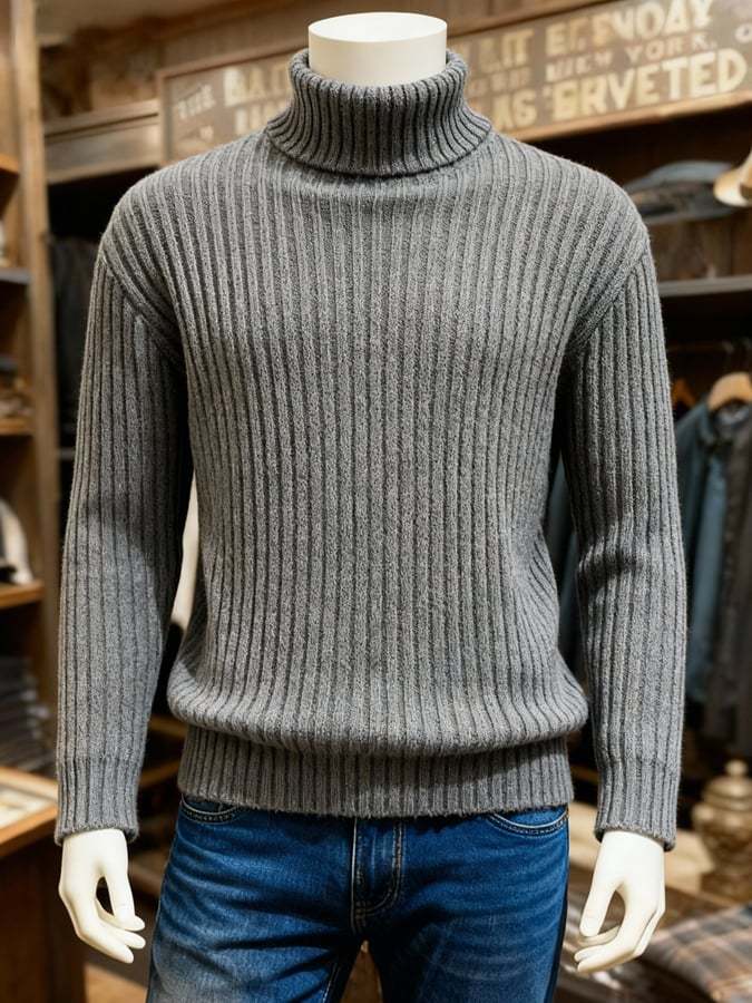 Men's Retro Warm Ribbed Turtleneck Long Sleeve Sweater
