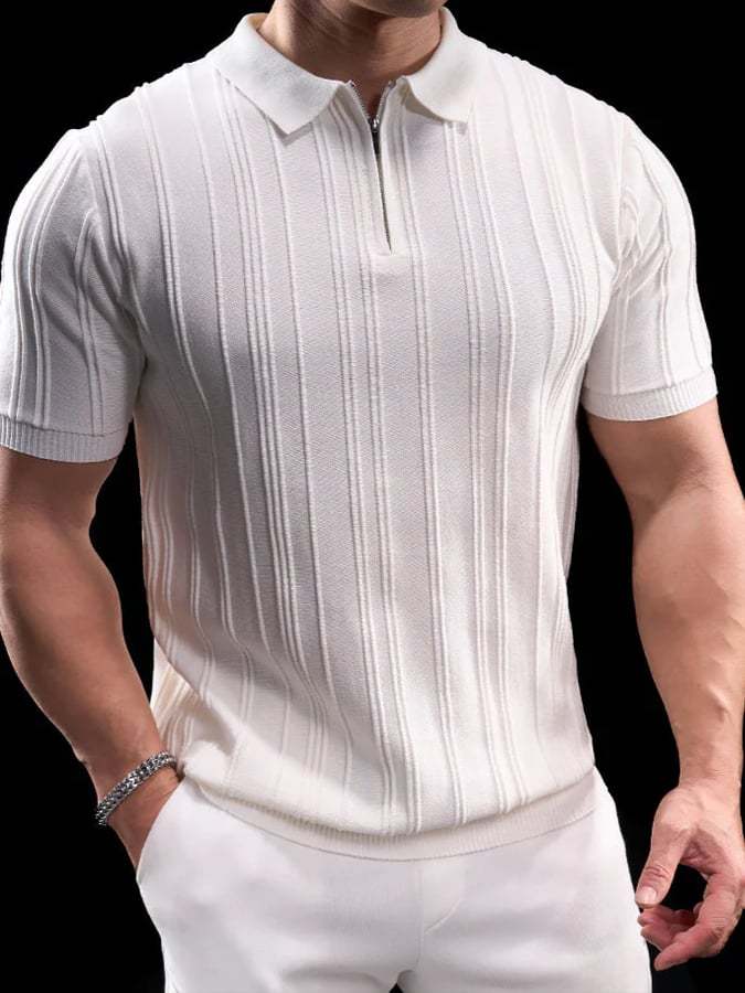 Men's Solid Color Knitted Jacquard Zipper Polo T-Shirt