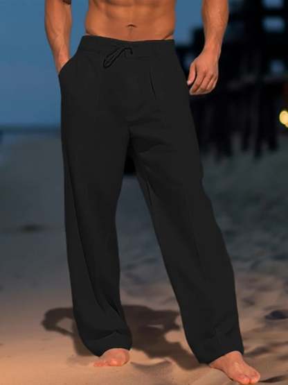 Men's Casual Solid Color Cotton And Linen Comfortable Vacation Trousers