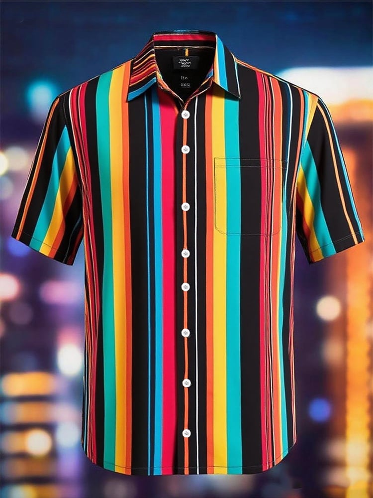 Men's Casual Lapel Colorful Striped Short Sleeve Shirt