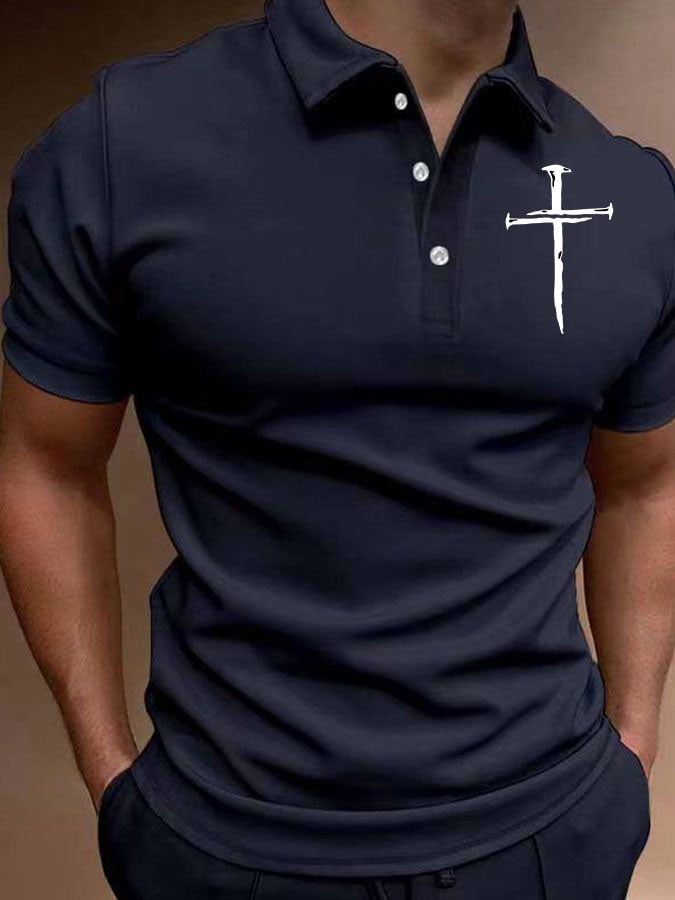 Men's Casual Cross Print Button Collar Polo Top