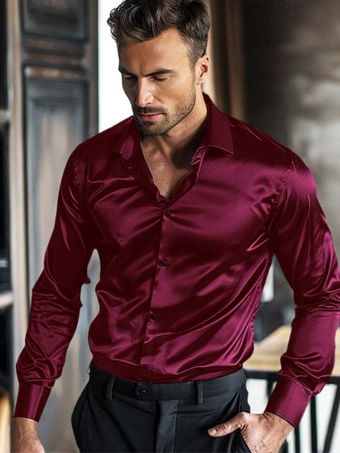 Men's Fashion Business Satin Luxury Design Printed Long Sleeve Shirt