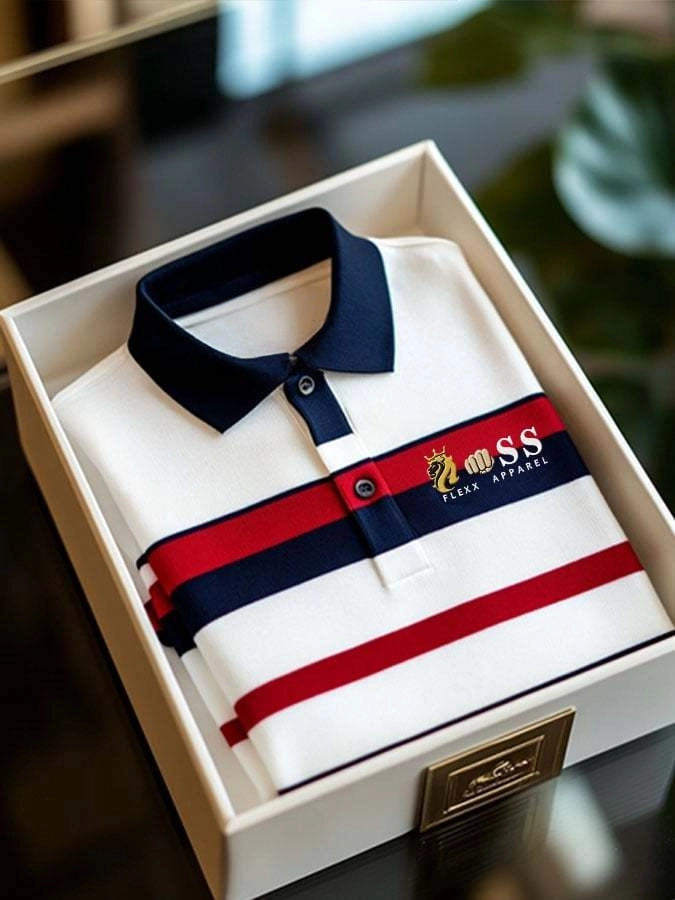 Men's Retro Letter Design Business Contrast Stripe Lapel Short-Sleeved Polo Shirt