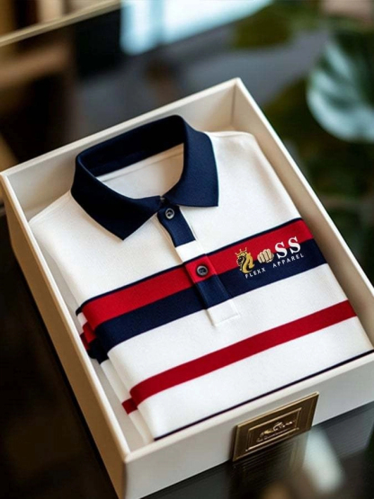Men's Retro Letter Design Business Contrast Stripe Lapel Short-Sleeved Polo Shirt