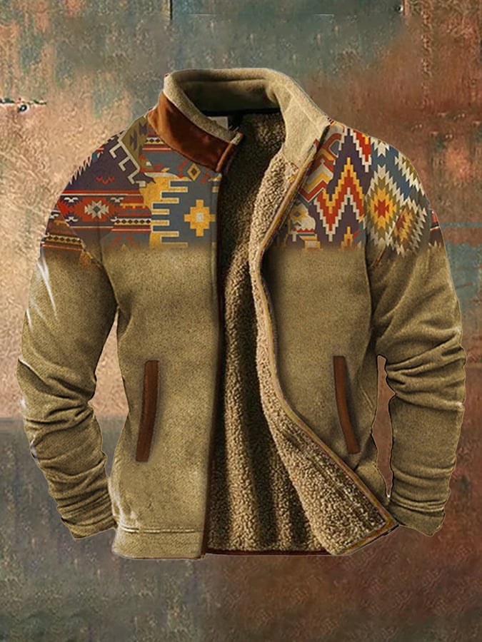 Men's vintage western hunting patchwork warm fleece jacket