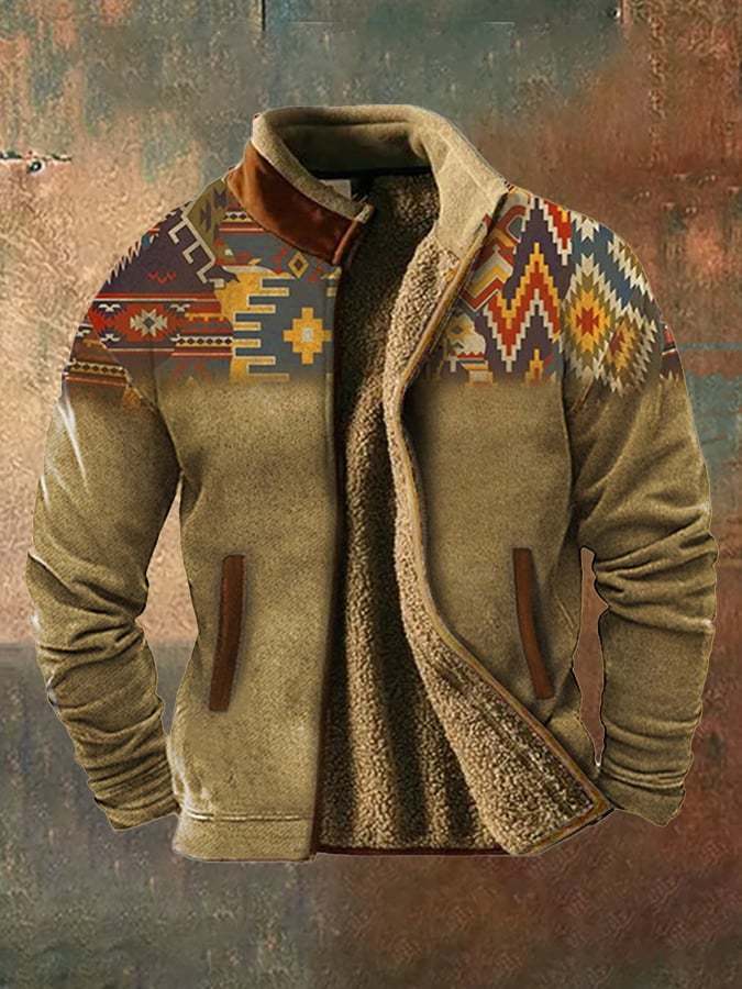 Men's vintage western hunting patchwork warm fleece jacket