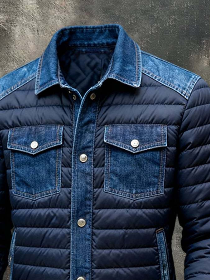 Men'S Vintage Denim Patchwork Outdoor Jacket Cotton Coat