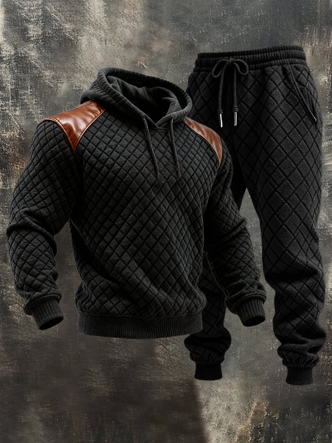 Men's Retro Waffle Stitching Leather Contrast Hooded Casual Sweatshirt Set