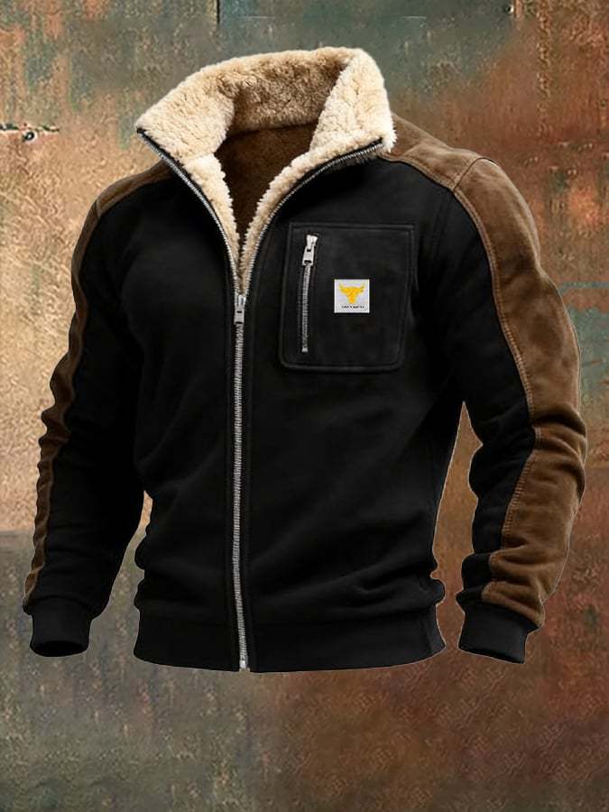 Men's Vintage Suede Splicing Warm Multi-Pocket Outdoor Jacket