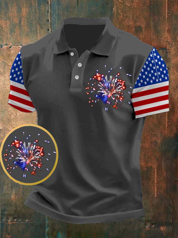 Men's American Flag Independence Day Fireworks Print Casual POLO Shirt