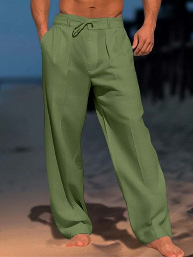 Men's Casual Solid Color Cotton And Linen Comfortable Vacation Trousers