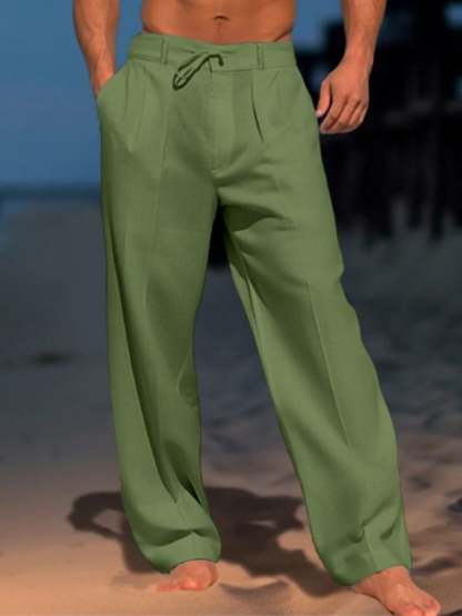 Men's Casual Solid Color Cotton And Linen Comfortable Vacation Trousers