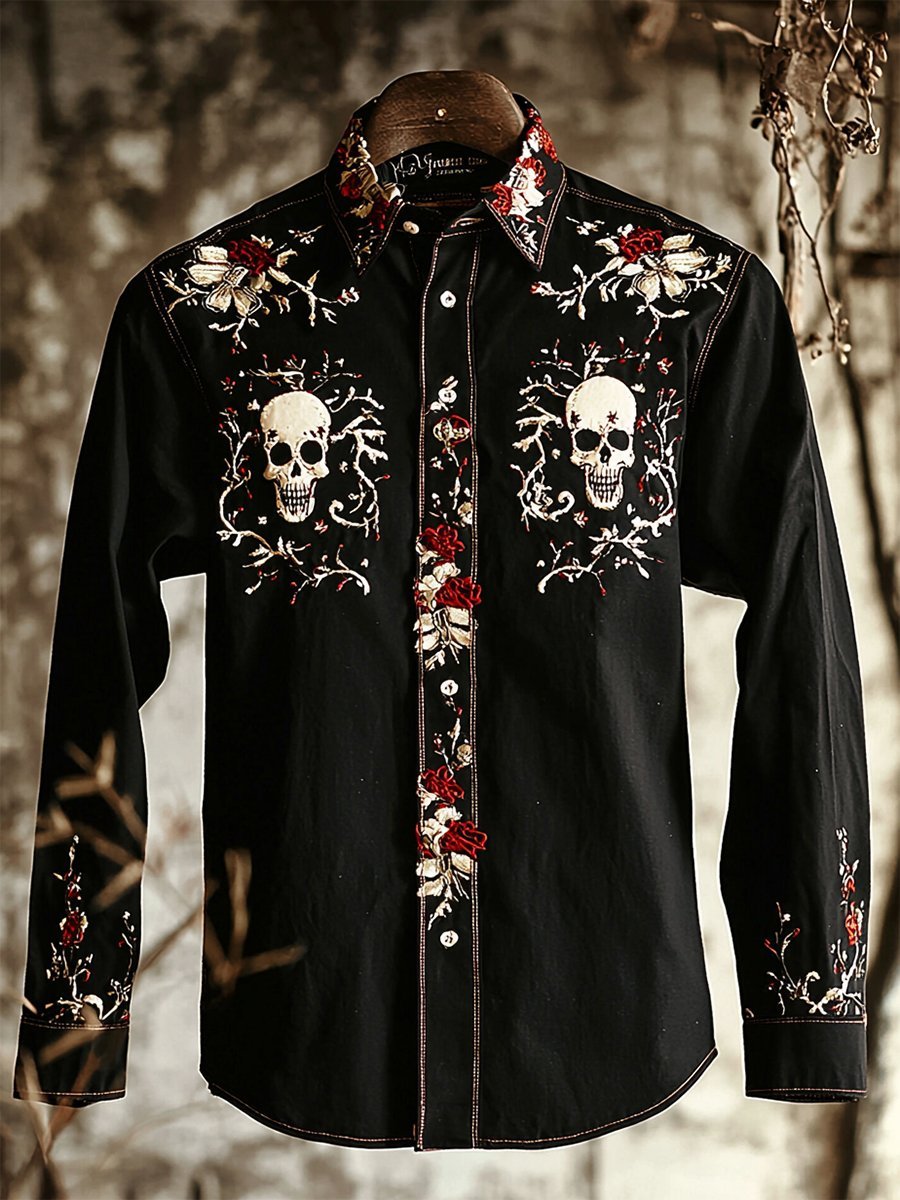 Men's Retro Casual Skull Print Long Sleeve Shirt