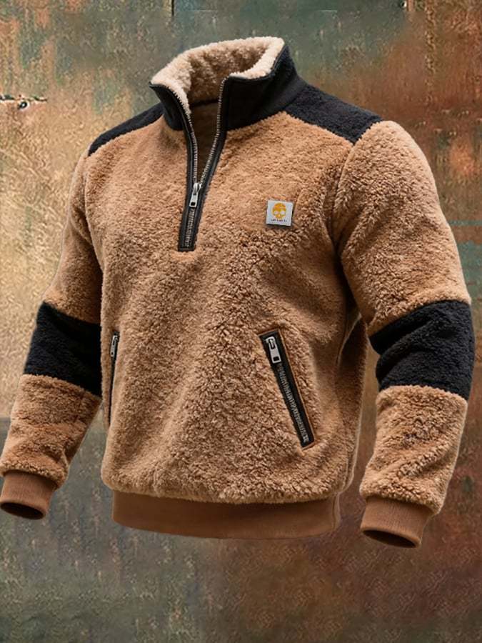 Men's Retro Knitted Square Check Leather Splicing Zipper Fur Collar Sweatshirt