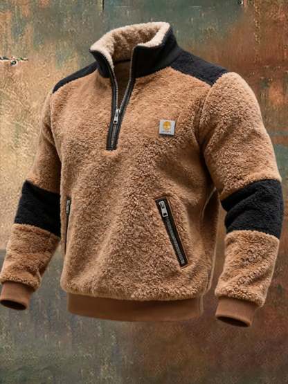 Men's Retro Knitted Square Check Leather Splicing Zipper Fur Collar Sweatshirt