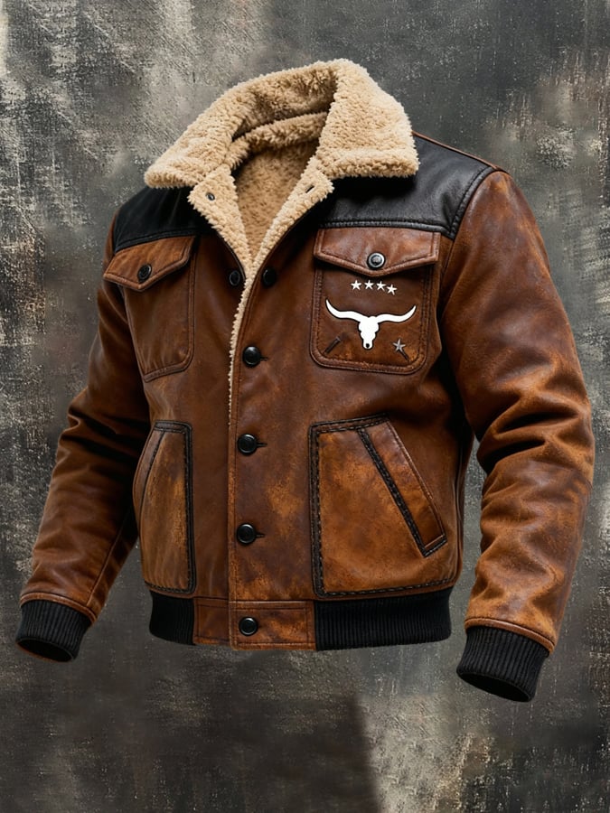 Men'S Vintage Warm Plush Soft Leather Outdoor Jacket