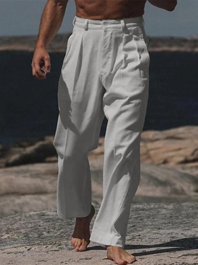 Men's Casual Solid Color Cotton And Linen Trousers With Pockets