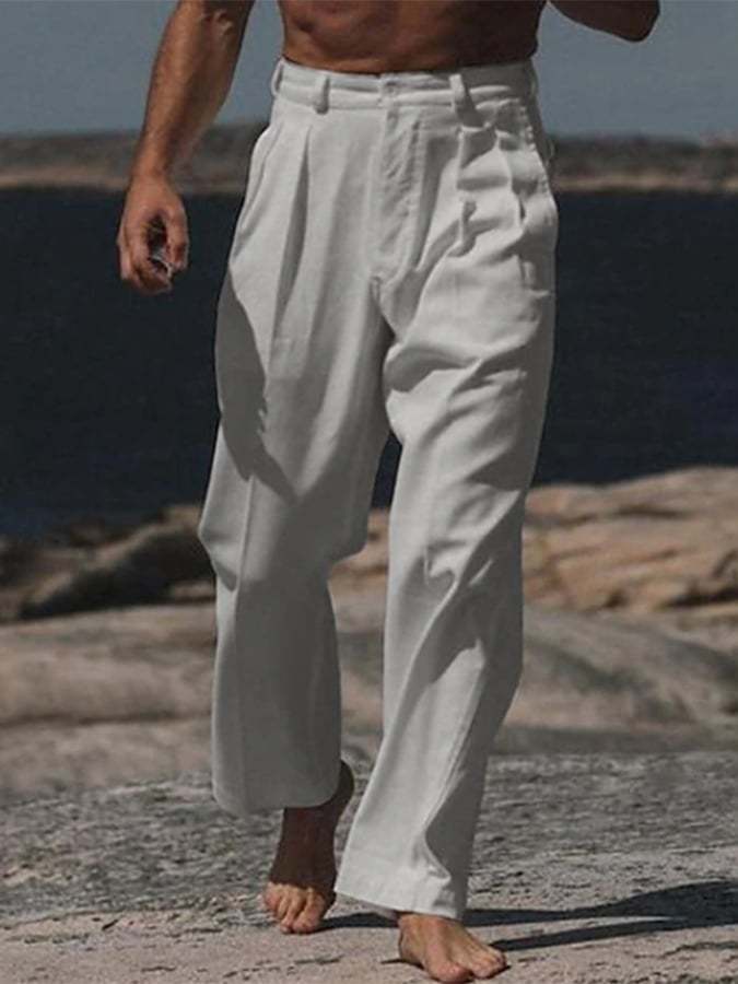Men's Casual Solid Color Cotton And Linen Trousers With Pockets