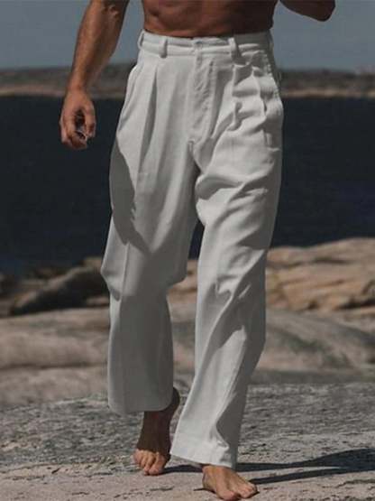 Men's Casual Solid Color Cotton And Linen Trousers With Pockets