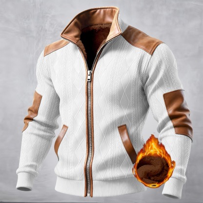 Men's Stand Collar Color Block Textured Fleece Zipper Casual Jacket