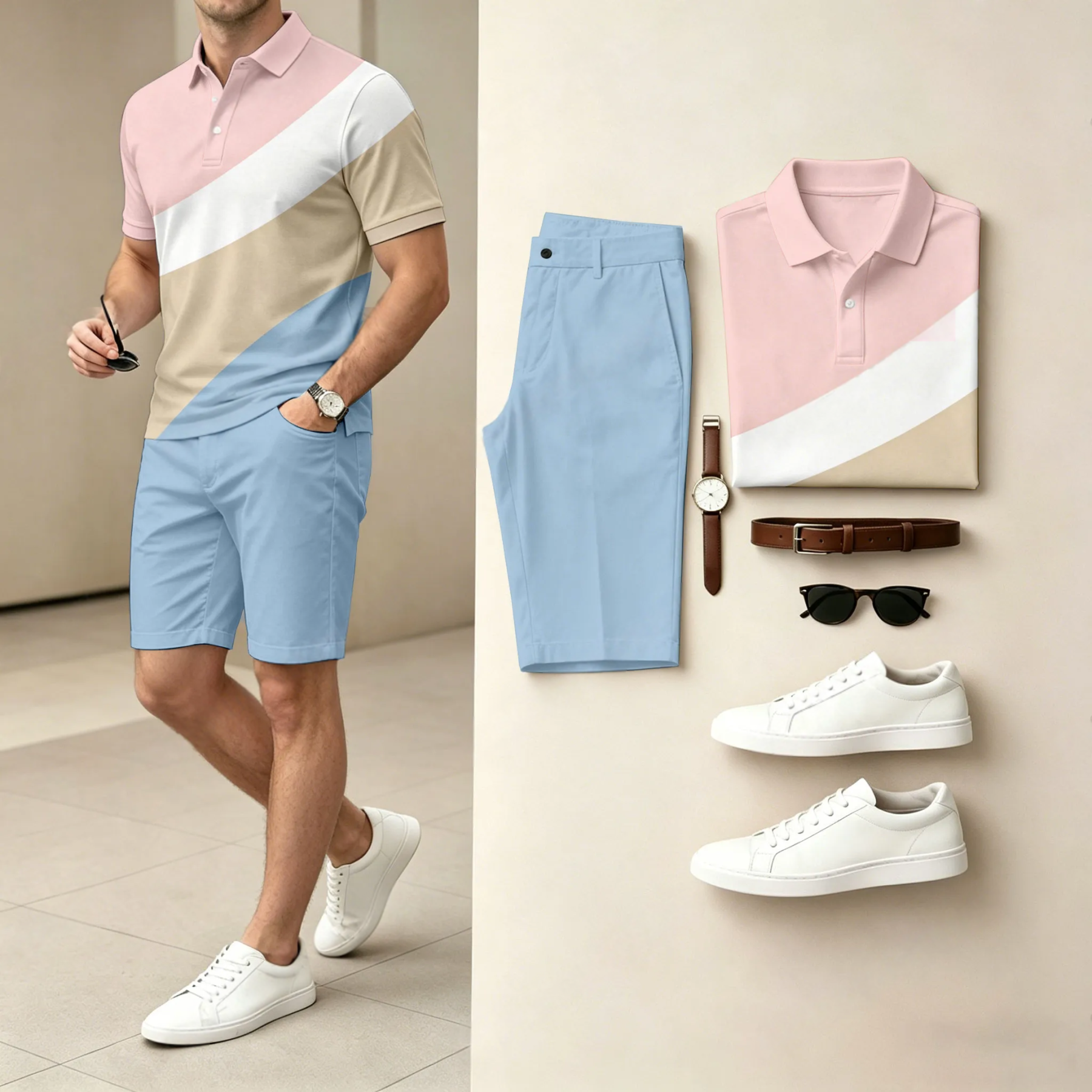 Men's Casual Geometric Color Polo Shirt & Shorts Two-Piece Set