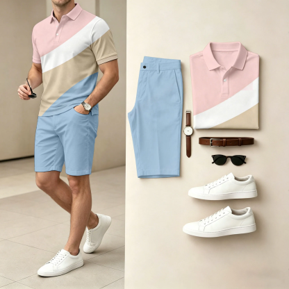 Men's Casual Geometric Color Polo Shirt & Shorts Two-Piece Set