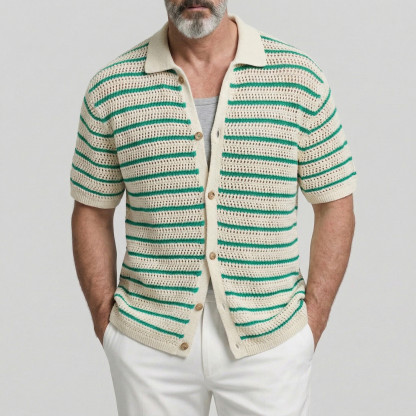 Men's Casual Green Striped Pattern Single Breasted Hollow Out Knit Short Sleeve Shirt